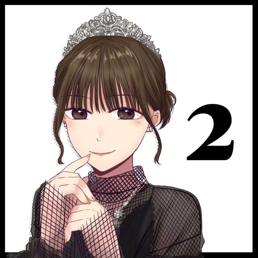 1girl actor black_border black_camisole blush border brown_eyes brown_hair camisole closed_mouth commentary countdown finger_to_mouth fingernails fishnet_sleeves fishnet_top fishnets halftone hands_up highres ishii_haruna jewelry long_sleeves looking_at_viewer mole mole_under_eye necklace nigari_(ngari_0115) outside_border own_hands_together portrait real_life see-through_clothes see-through_shirt shirt short_hair simple_background sleeves_past_wrists smile solo tiara white_background