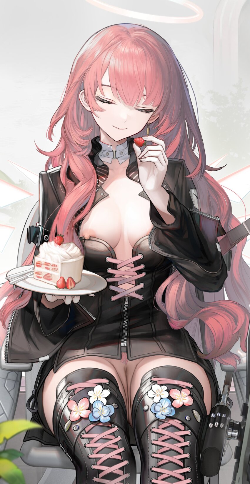 1girl absurdres areola_slip arknights black_bow black_dress black_jacket black_shorts black_thighhighs blue_flower boots bow breasts cake cake_slice closed_eyes closed_mouth collar colored_pubic_hair dress earrings energy_wings female_pubic_hair flower food footwear_flower fruit grey_background halo highres holding holding_plate jacket jewelry lemuen_(arknights) long_hair long_sleeves nipple_slip nipples nopetroto pink_flower pink_hair pink_pubic_hair plant plate pubic_hair pussy shorts simple_background single_earring sitting smile solo strawberry thigh_boots thighhighs thighs uncensored white_collar white_flower wings
