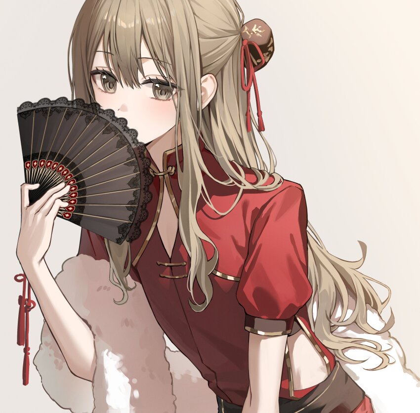 1boy absurdres as4_s2 brown_eyes brown_hair chinese_clothes commentary_request covered_mouth fan_over_face hair_ornament hanaoka_makoto hand_fan highres holding holding_fan korean_commentary long_hair looking_at_viewer male_focus red_shirt red_shrug senpai_wa_otokonoko shirt short_sleeves simple_background solo trap white_background