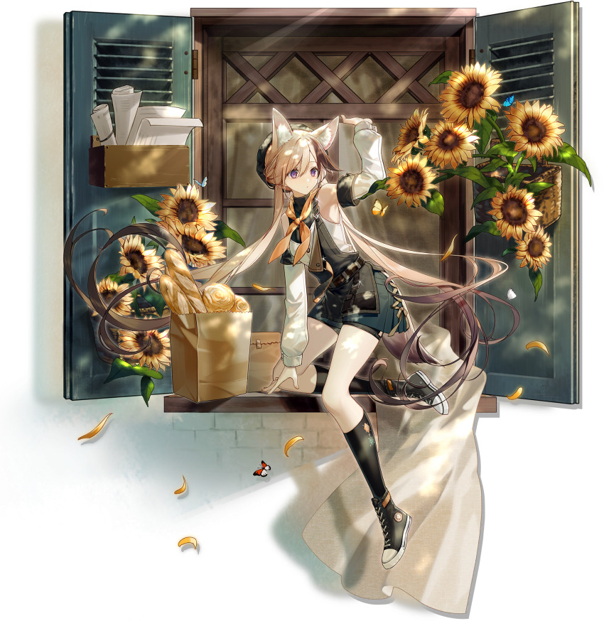 1girl animal_ears apron argyle_clothes argyle_socks arknights bag baguette bare_shoulders belt beret black_boots black_hat black_shorts black_socks boots bread brick_wall bug butterfly cardigan_(arknights) cardigan_(sunny_day)_(arknights) cross-laced_clothes cross-laced_skirt detached_sleeves dog_ears dog_girl dog_tail extra_ears falling_petals flower food full_body hair_between_eyes hand_up hat highres insect kneehighs lace-up_boots long_hair low_twintails multicolored_hair neckerchief official_alternate_costume official_alternate_hairstyle official_art on_one_knee orange_neckerchief paper_bag petals pleated_skirt purple_eyes rolled_up_newspaper shorts sitting_in_window skirt sleeveless socks solo sunflower tail third-party_source twintails very_long_hair white_sleeves window_shutter