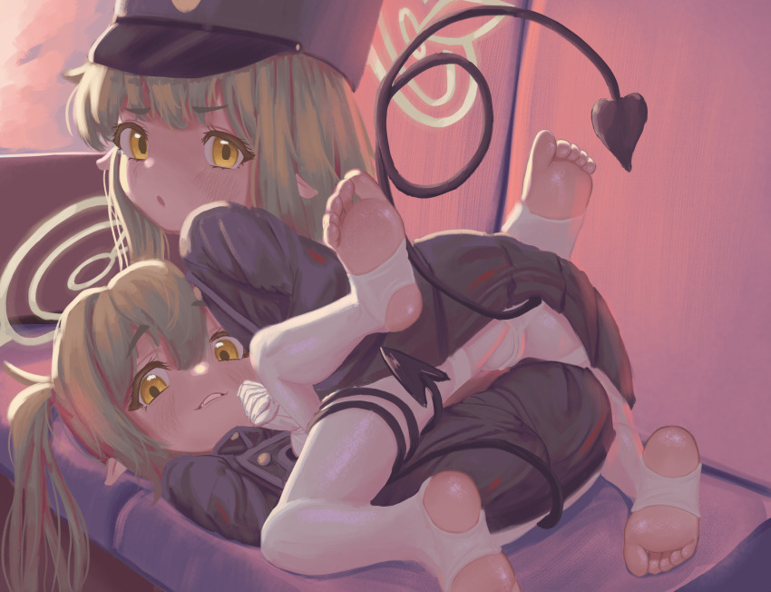 2girls black_shorts black_skirt blonde_hair blue_archive commentary_request demon_girl demon_tail girl_on_top green_hair green_halo halo hat highres hikari_(blue_archive) loli long_hair looking_at_viewer miniskirt multiple_girls no_shoes nozomi_(blue_archive) open_mouth pantyhose parted_lips partial_commentary pointy_ears senvik69 short_shorts shorts siblings sisters skirt soles stirrup_legwear tail tail_around_another&#039;s_leg tail_wrap toeless_legwear toes twins twintails white_pantyhose yellow_eyes
