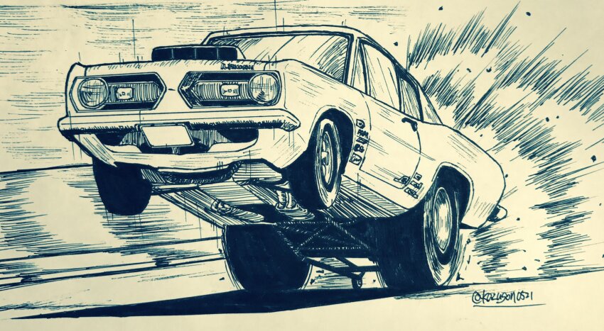 car datsan explosion greyscale highres ink_(medium) monochrome motion_blur motion_lines motor_vehicle muscle_car no_humans original pen_(medium) traditional_media twitter_username vehicle_focus vehicle_request