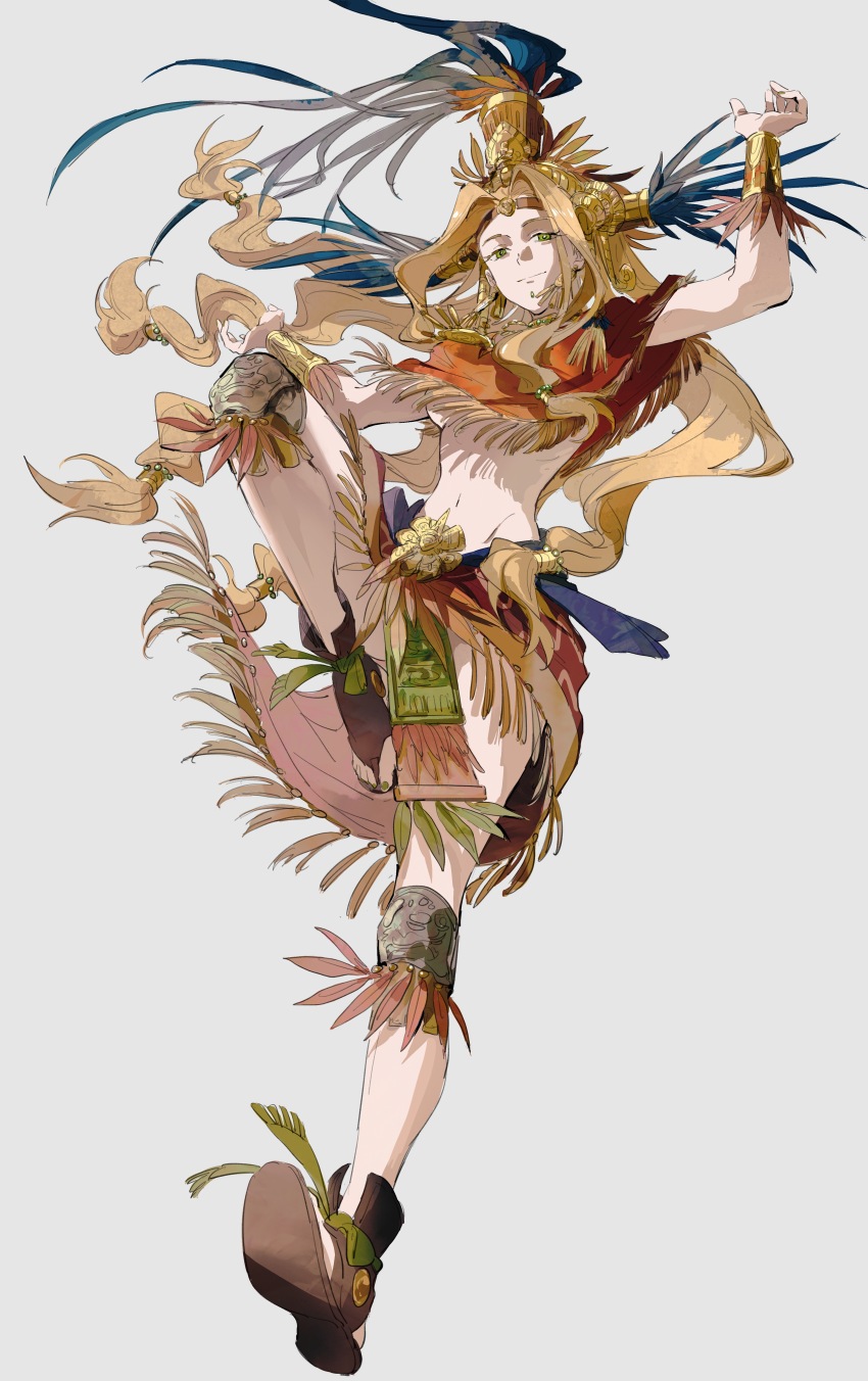 1girl absurdres aztec black_sandals bracelet closed_mouth fate/grand_order fate_(series) floating_hair full_body green_eyes hair_ornament highres jewelry labret_piercing long_hair looking_at_viewer midriff mimulishizi mouth_piercing navel parted_bangs poncho quetzalcoatl_(fate) sandals simple_background smile solo standing standing_on_one_leg stomach toes very_long_hair white_background