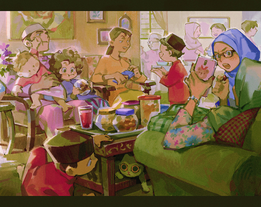 6+boys 6+girls blouse blue_hijab cat cellphone chair commentary cushion drawing_(object) eid_mubarak english_commentary family glasses hijab loveariddle malay_commentary malaysian_clothes multiple_boys multiple_girls muslim original phone red_shirt shirt slice_of_life songkok table