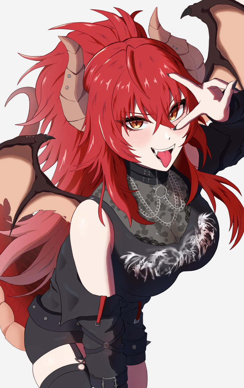1girl absurdres black_jacket black_nails black_shirt black_skirt black_thighhighs breasts cleavage dragon_girl dragon_horns dragon_tail highres horns jacket jewelry large_breasts long_hair looking_at_viewer meibin nail_polish necklace open_mouth red_hair shirt skirt smile solo tail thighhighs tongue tongue_out v very_long_hair virtual_youtuber vshojo white_background yellow_eyes zentreya zentreya_(dragon) zentreya_(dragon)_(metalheads)