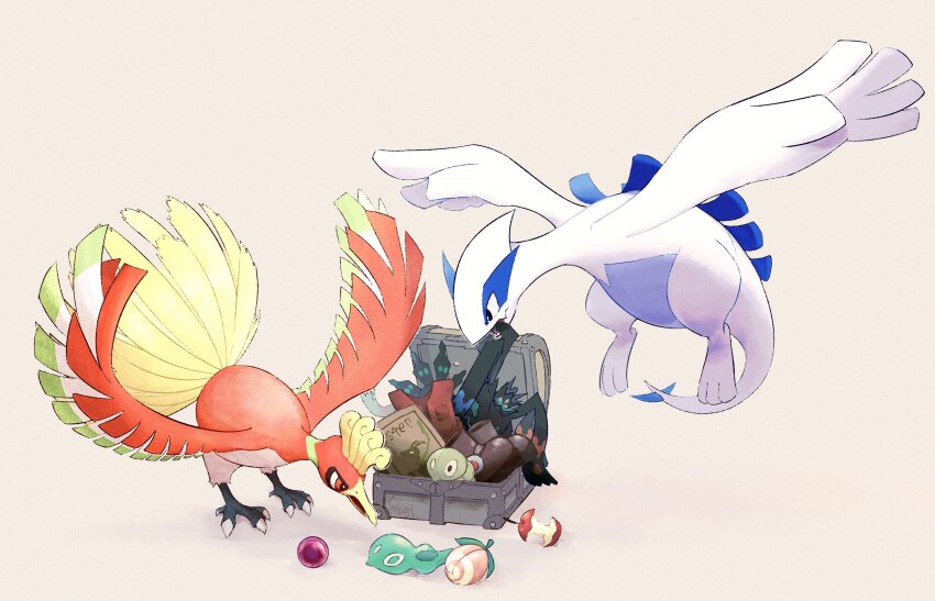 absurdres acorn animal_focus apple assault_vest_(pokemon) beak bird_tail bitten_apple black_eyes colored_skin feathered_wings feathers fireblast food food_bite fruit gen_2_pokemon gen_6_pokemon heavy-duty_boots_(pokemon) highres ho-oh legendary_pokemon life_orb lugia nintendo no_humans pokemon pokemon_(creature) red_eyes red_feathers simple_background tail talons treasure_chest white_background white_skin wings zygarde zygarde_(10%) zygarde_(50%) zygarde_(complete) zygarde_cell