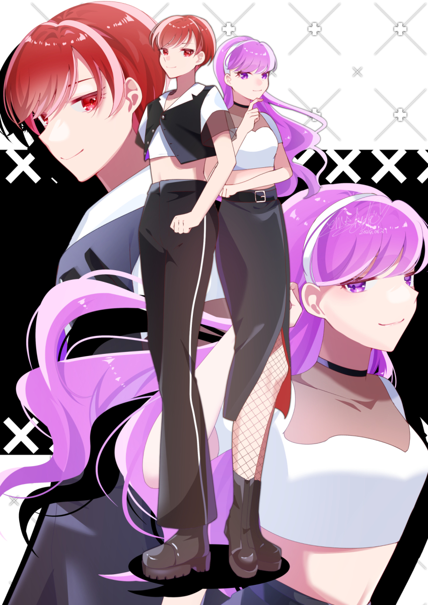2girls belt black_belt black_footwear black_pants black_skirt black_vest boots closed_mouth cropped_shirt dated enishidayuu fishnet_thighhighs fishnets hairband highres kenjou_akira kirakira_precure_a_la_mode kotozume_yukari long_hair midriff multiple_girls pants precure purple_eyes purple_hair red_eyes red_hair shirt short_hair short_sleeves signature skirt thighhighs vest white_hairband white_shirt