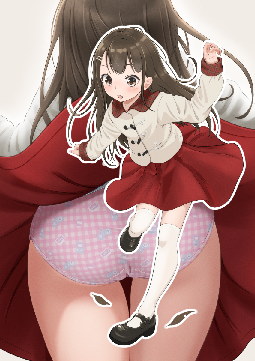 1girl absurdres brown_eyes brown_hair falling_petals from_behind full_body game_controller_print hair_ornament hairclip highres jacket long_hair mary_janes mtu_virus multiple_views open_mouth original panties pantyshot petals pink_panties red_skirt shoes skirt solo tanakaminos thighhighs underwear white_jacket white_thighhighs
