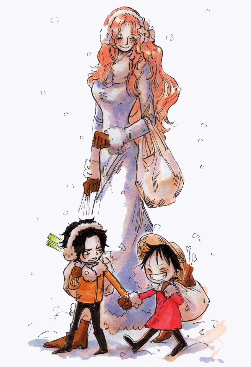 1girl 2boys ^_^ boots brothers brown_gloves child closed_eyes coat commentary earmuffs fengcheche food freckles gloves hat highres holding_hands long_coat long_hair meat monkey_d._luffy mother_and_son multiple_boys one_piece orange_coat portgas_d._ace portgas_d._rouge scar scar_on_face siblings smile snowing straw_hat symbol-only_commentary walking white_coat