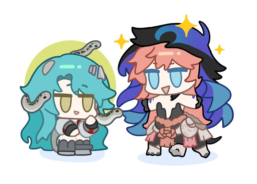 2girls :d absurdres bare_shoulders black_dress black_hands black_veil blue_eyes blue_hair blue_veil boots centauroid chibi chimera colored_extremities commentary dress full_body green_eyes grey_boots grey_dress highres hissabeth long_hair monster_girl multiple_girls nautika_(reverse:1999) open_mouth pink_hair quanx70909457 reverse:1999 sitting smile snake snake_on_head sparkle strapless strapless_dress symbol-only_commentary taur two-tone_veil veil white_background