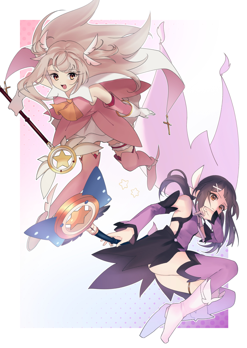 2girls absurdres akaneko016 ascot bare_shoulders black_hair blush boots breasts brown_eyes cape detached_sleeves dress elbow_gloves fate/kaleid_liner_prisma_illya fate_(series) feather_hair_ornament feathers gloves hair_ornament hairclip highres illyasviel_von_einzbern kaleidostick layered_gloves leotard long_hair looking_at_viewer magical_ruby magical_sapphire miyu_edelfelt miyu_edelfelt_(magical_girl) multiple_girls open_mouth pink_boots pink_dress pink_gloves prisma_illya purple_leotard purple_sleeves purple_thighhighs red_eyes sidelocks skirt small_breasts smile thigh_boots thighhighs thighhighs_under_boots thighs twintails two_side_up wand white_cape white_footwear white_gloves white_hair white_skirt