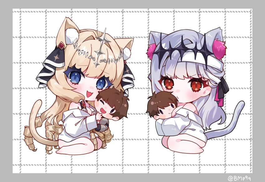 2girls alternate_costume animal_ears blonde_hair blue_eyes cat_ears character_doll chibi commander_(nikke) crown_(nikke) goddess_of_victory:_nikke grey_hair grid_background highres modernia_(nikke) modernia_(second_affection)_(nikke) multiple_girls naked_shirt nobako one_eye_closed red_eyes shirt stuffed_toy