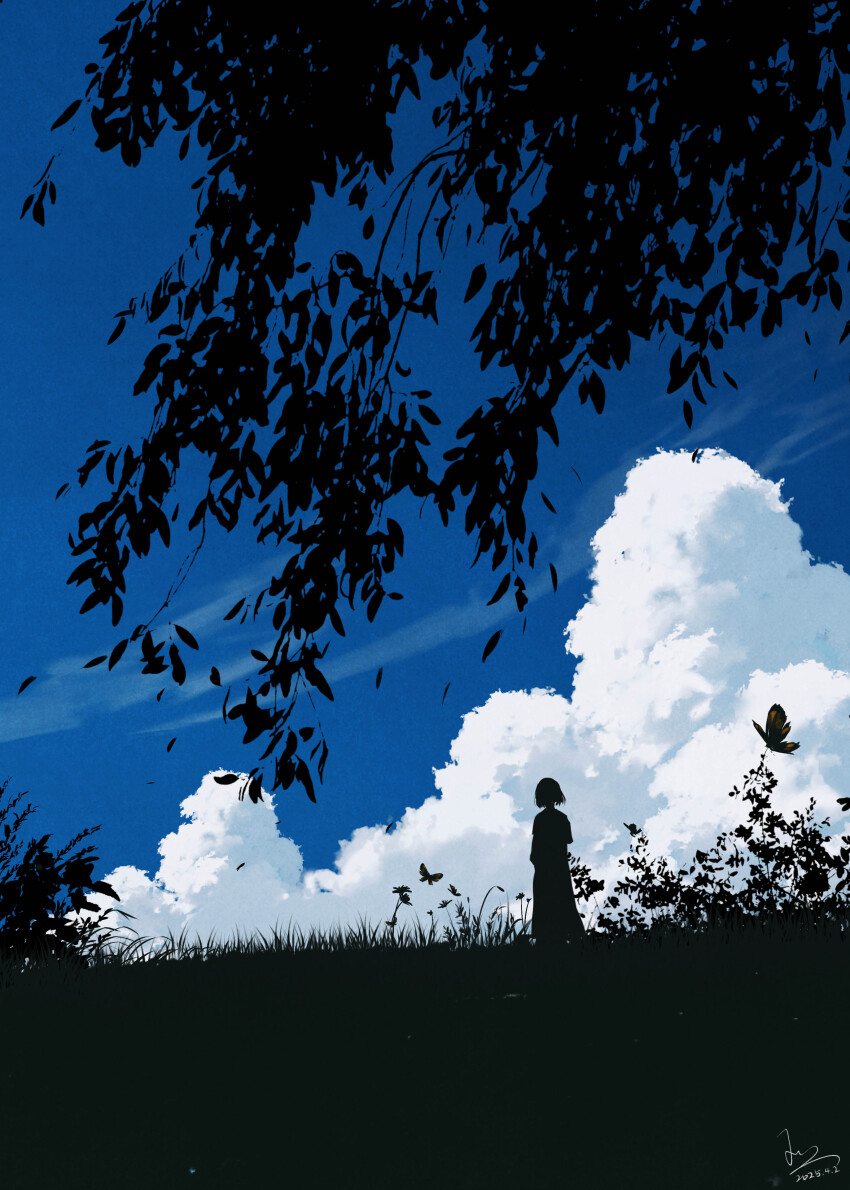 1girl absurdres blue_sky bug butterfly cloud cloudy_sky commentary_request dated day grass highres huashijw insect original outdoors scenery signature silhouette sky solo standing