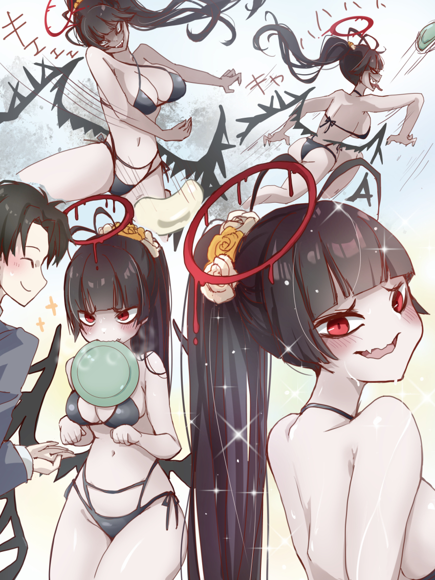 1boy 1girl antenna_hair bikini black_bikini blue_archive blue_archive_the_animation blunt_bangs blush breasts cleavage closed_eyes collage crazy_smile frisbee from_behind halo highres komena_(shinyday312) large_breasts looking_at_another looking_at_viewer midriff mouth_hold navel ponytail sensei_(blue_archive) sensei_(blue_archive_the_animation) smile solo_focus swimsuit throwing tsurugi_(blue_archive) tsurugi_(swimsuit)_(blue_archive)