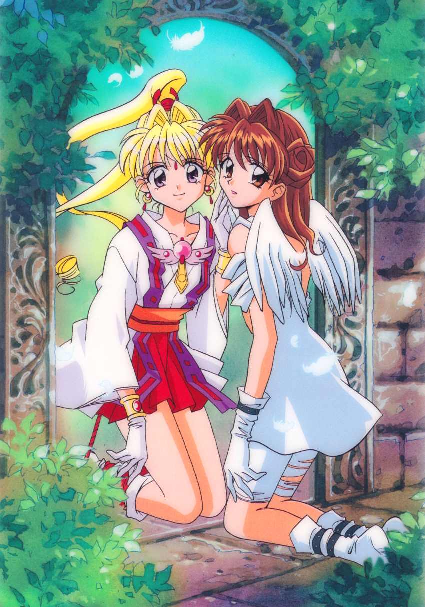 2girls absurdres arch arm_at_side bangle blonde_hair bracelet brooch brown_eyes brown_hair closed_mouth day dress earrings face-to-face falling_feathers feathered_wings feathers foliage forehead_jewel furisode_sleeves gloves hair_bun hair_intakes hand_on_another&#039;s_hand hand_up high_ponytail highres japanese_clothes jewelry kaitou_jeanne kamikaze_kaitou_jeanne kimono kneeling kusakabe_maron light_smile looking_at_viewer looking_back looking_to_the_side miniskirt motoyui multiple_girls official_art on_ground one_side_up open_clothes open_kimono outdoors parted_lips pleated_skirt ponytail purple_eyes red_skirt scan short_dress short_kimono shorts side_up_bun skirt stone_floor third-party_source white_dress white_footwear white_gloves white_kimono white_shorts white_wings wing_brooch wings