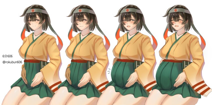 1girl :d absurdres artist_name before_and_after belly_grab big_belly blush breasts brown_eyes brown_hair closed_eyes closed_mouth flight_deck gloves green_hakama hair_between_eyes hakama hakama_short_skirt hakama_skirt hand_on_own_stomach hands_on_own_stomach headband highres hiryuu_(kancolle) holding_belly holding_own_stomach japanese_clothes jewelry kantai_collection kimono large_breasts looking_at_viewer medium_hair necklace open_mouth partially_fingerless_gloves pregnancy_progression pregnant progression ribbon rokubun606 sequential simple_background single_glove skirt smile thighs time_lapse twitter_username yellow_kimono