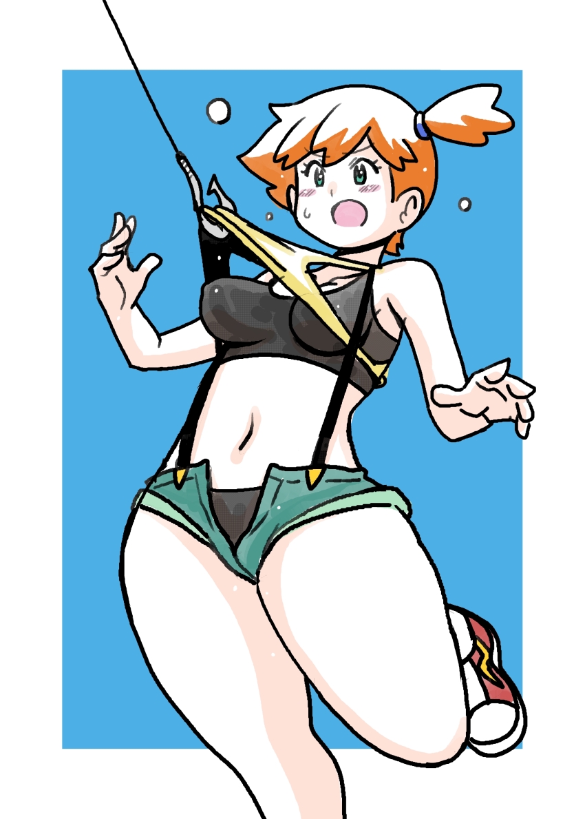1girl absurdres back bare_arms bare_shoulders blush breasts denim denim_shorts female_focus gym_leader hair_tie highres koutarosu large_breasts legs misty_(pokemon) nintendo open_mouth orange_hair pokemon pokemon_(anime) pokemon_(classic_anime) ponytail shirt short shorts side_ponytail simple_background sleeveless solo suspenders sweat sweatdrop tank_top thick_thighs thighs white_background wide_hips yellow_shirt