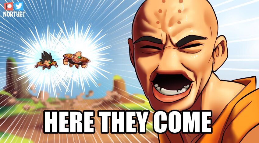 3boys armor artist_name bald dragon_ball dragonball_z english_text facing_viewer highres kuririn lower_teeth_only meme motion_lines multiple_boys nappa nortuet open_mouth outdoors patreon_logo saiyan_armor scouter shiny_skin spiked_hair teeth twitter_logo vegeta