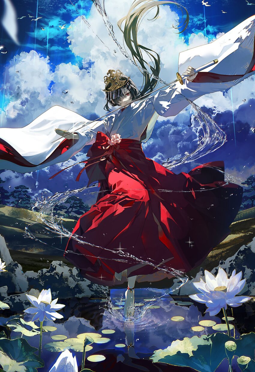 1girl anklet bell_anklet bird black_hair bubble closed_mouth cloud cloudy_sky commentary_request crown eshi_100_nin_ten floating_hair flower full_body glint hair_floating_upwards hair_over_one_eye highres hill holding holding_sword holding_weapon hydrokinesis japanese_clothes jewelry katana kimono kuga_huna lily_pad long_hair long_skirt long_sleeves lotus original pink_flower red_eyes red_ribbon red_skirt reflection reflective_water ribbon shallow_water sidelocks skirt sky solo sparkle splashing standing standing_on_one_leg sword tiptoes tree water weapon white_flower white_kimono wide_sleeves
