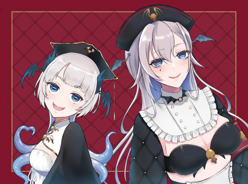 2girls absurdres apron black_bra black_hair black_sleeves blue_eyes bra breasts cosplay costume_switch dress grey_hair haru_(fygzg63) head_wings highres horizontal_pupils indie_virtual_youtuber large_breasts long_hair looking_at_viewer medium_breasts mole mole_under_mouth multiple_girls open_mouth pochimaru_(vtuber) pochimaru_(vtuber)_(3rd_costume) pochimaru_(vtuber)_(4th_costume) red_background sharp_teeth smile teardrop_facial_mark teeth tentacle_hair underwear upper_body virtual_youtuber white_apron white_dress wings
