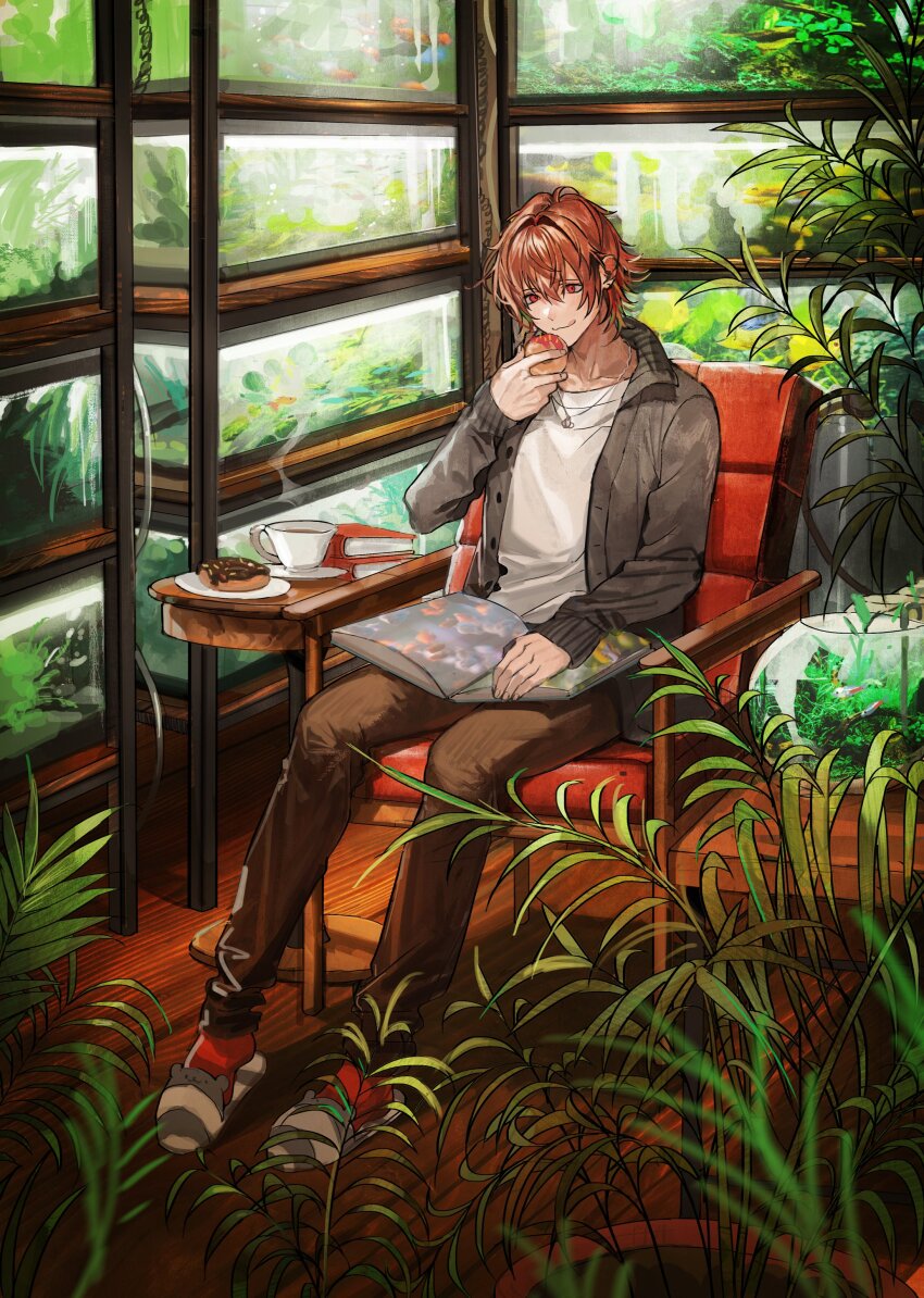 1boy :q absurdres aquarium book brown_pants check_copyright closed_mouth collarbone commentary_request copyright_request donut fish food full_body grey_jacket highres holding holding_donut holding_food indoors jacket jewelry looking_at_object male_focus nana_tetra necklace on_chair open_book open_clothes open_jacket original pants plant plate red_eyes red_hair shirt sitting slippers solo steam tongue tongue_out white_shirt white_slippers wooden_floor