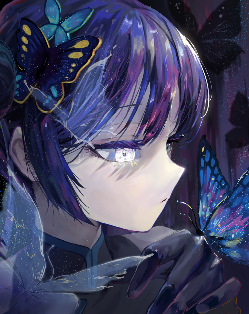 1girl absurdres bare_shoulders black_butterfly black_gloves black_hair blue_archive blue_hair bug butterfly butterfly_hair_ornament china_dress chinese_clothes closed_mouth dress gloves glowing glowing_butterfly glowing_eyes gradient_hair grey_hair hair_ornament highres insect kisaki_(blue_archive) kongaru_123 long_hair multicolored_hair purple_hair transparent_butterfly upper_body