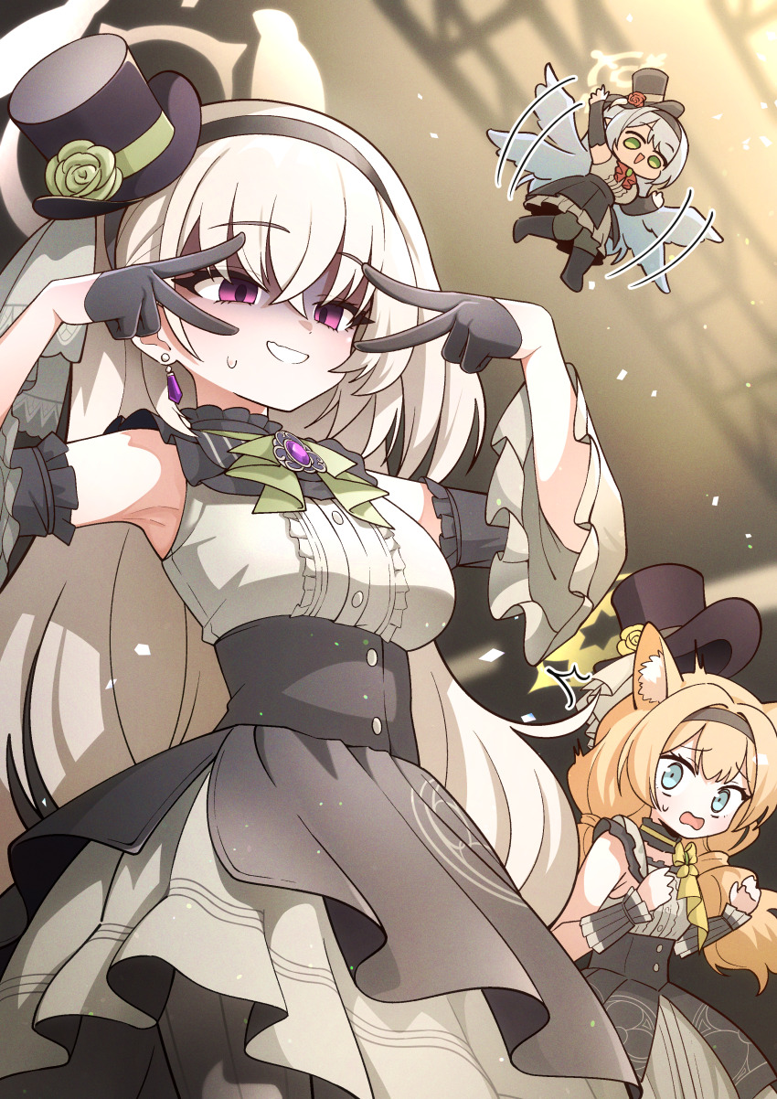 3girls absurdres animal_ears black_dress black_hat blue_archive blue_eyes blue_hair blue_wings chibi detached_sleeves dress flying golmonggu green_eyes grey_hair halo hat highres long_hair mari_(blue_archive) mari_(idol)_(blue_archive) mine_(blue_archive) mine_(idol)_(blue_archive) mini_hat multiple_girls official_alternate_costume open_mouth orange_hair purple_eyes sakurako_(blue_archive) sakurako_(idol)_(blue_archive) shaded_face shirt sleeveless sleeveless_shirt smile stage top_hat v v_over_eye wings yellow_halo