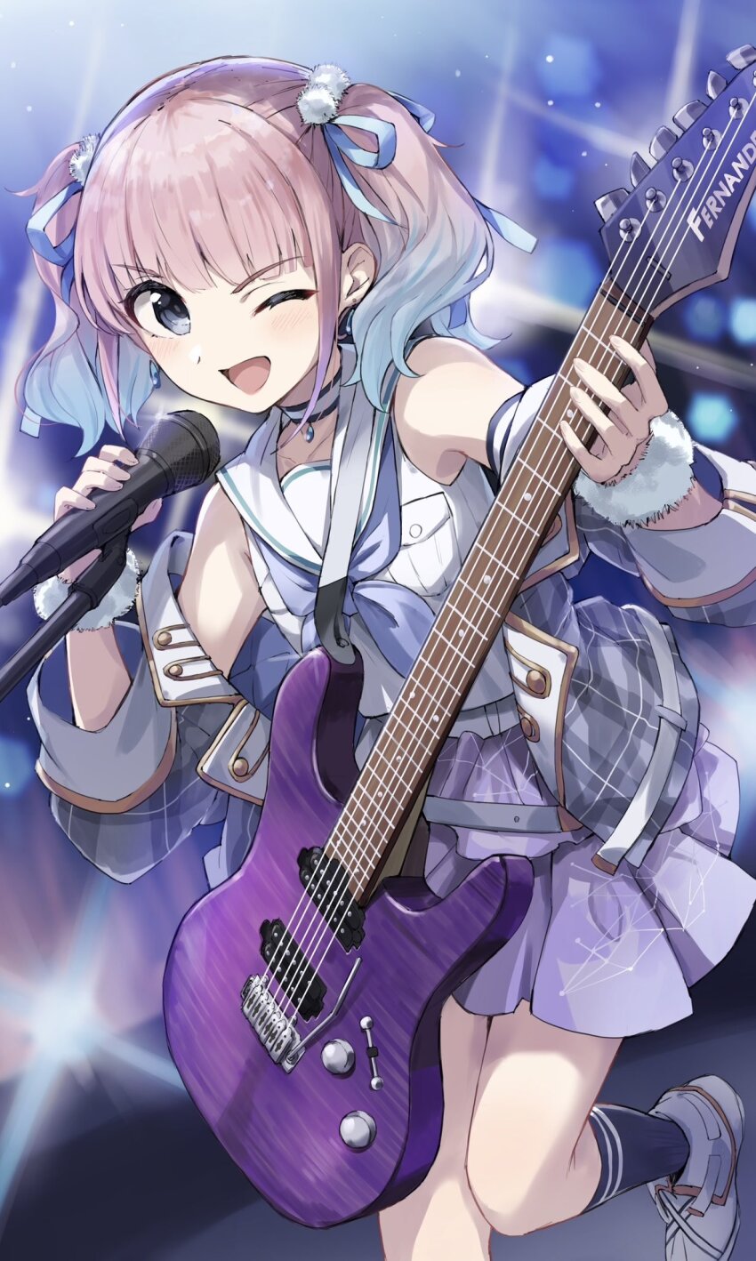 1girl :d belt black_choker black_socks blue_hair blue_neckerchief blue_ribbon blurry blurry_background bracelet breast_pocket choker commentary depth_of_field earrings foot_out_of_frame fur_bracelet girls_band_cry glint gradient_hair grey_eyes grey_jacket guitar guitar_strap hair_ornament hands_up highres hina_(girls_band_cry) holding holding_guitar holding_instrument holding_microphone instrument jacket jacket_partially_removed jewelry kneehighs leg_up lens_flare light_blush long_sleeves looking_at_viewer medium_hair microphone microphone_stand miniskirt multicolored_hair neckerchief one_eye_closed open_clothes open_jacket open_mouth pendant_choker pink_hair plaid_clothes plaid_jacket pocket pom_pom_(clothes) pom_pom_hair_ornament print_skirt purple_skirt ribbon ribbon_hair sailor_collar sailor_shirt shirt shoes short_twintails skirt sleeveless sleeveless_shirt smile socks solo stage_lights standing standing_on_one_leg striped_choker twintails two-tone_choker white_belt white_choker white_shirt white_shoes white_sleeve_cuffs yanagi_marie