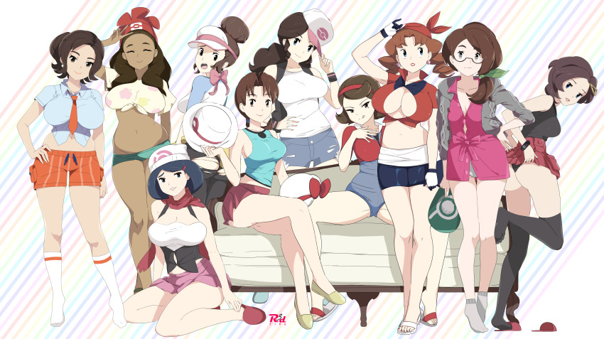 6+girls absurdres adapted_costume ahoge alola_mother arm_up artist_logo ass bandana black_panties black_tank_top black_thighhighs blue_eyes blue_hair blue_leotard blue_shirt blue_shorts bow breasts brown_eyes brown_hair caroline_(pokemon) cleavage closed_eyes clothes_lift collared_shirt cosplay couch crop_top crossed_legs dark-skinned_female dark_skin dawn_(pokemon) dawn_(pokemon)_(cosplay) delia_ketchum drill_hair earrings eyelashes from_behind galar_mother glasses gloria_(pokemon) gloria_(pokemon)_(cosplay) grace_(pokemon) green_ribbon grey_socks hair_ornament hair_ribbon hairband hand_on_own_hip head_tilt highres hilda_(pokemon) hilda_(pokemon)_(cosplay) holding impossible_clothes jewelry johanna_(pokemon) johto_mother kneehighs large_breasts leaf_(pokemon) leaf_(pokemon)_(cosplay) legs leotard licking_lips logo long_hair long_sleeves looking_at_viewer looking_back looking_to_the_side lyra_(pokemon) lyra_(pokemon)_(cosplay) mature_female may_(pokemon) may_(pokemon)_(cosplay) medium_breasts medium_hair midriff miniskirt mole mole_under_eye mother_(pokemon) multiple_girls nail_polish naranja_academy_school_uniform navel nintendo no_shoes on_ground orange_shorts paldea_mother panties pants parted_bangs parted_lips pink_bow pink_skirt pleated_skirt pokemon pokemon_(anime) pokemon_bw pokemon_bw2 pokemon_dppt pokemon_frlg pokemon_hgss pokemon_rse_(anime) pokemon_sm pokemon_sv pokemon_swsh pokemon_xy ponytail r3dfive red_footwear red_hairband red_headwear red_skirt ribbon rosa_(pokemon) rosa_(pokemon)_(cosplay) sandals school_uniform selene_(pokemon) selene_(pokemon)_(cosplay) serena_(pokemon) serena_(pokemon)_(cosplay) shadow shirt shoe_dangle short_hair short_sleeves shorts side_ponytail sideboob sidelocks sitting skirt skirt_lift sleeveless slippers smile socks soles spread_legs standing striped_background striped_clothes striped_shorts swept_bangs tan_shirt tank_top thighhighs thighs tied_shirt tilted_headwear tiptoes toenail_polish toenails toes tongue tongue_out torn_clothes torn_pants torn_shorts twin_drills two-tone_shirt undersized_clothes underwear unova_mother_(bw) unova_mother_(bw2) v visor_cap white_footwear white_shirt white_socks yokozuwari