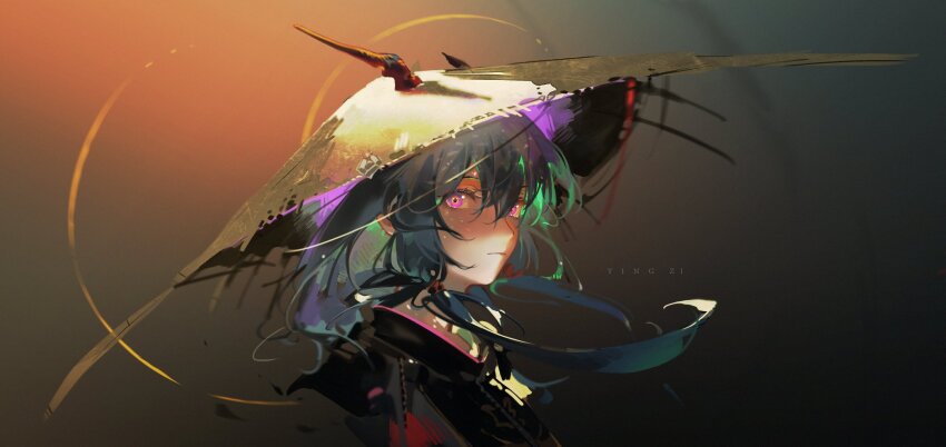 1girl ajirogasa arknights artist_name blue_hair ch&#039;en_(arknights) ch&#039;en_the_holungday_(arknights) ch&#039;en_the_holungday_(ten_thousand_mountains)_(arknights) closed_mouth dragon_girl dragon_horns expressionless hair_tubes hat highres horns horns_through_headwear long_hair looking_at_viewer official_alternate_costume pink_eyes portrait solo yingzi