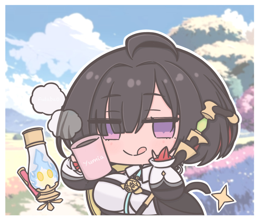 1girl :q ahoge atelier_(series) atelier_yumia black_hair black_jacket breasts character_name chibi chibi_only coffee_mug commentary cup eyes_visible_through_hair framed_breasts futaba_(anti_clockwise) gloves hair_between_eyes hair_over_one_eye highres holding holding_cup jacket large_breasts looking_at_viewer medium_hair mole mole_under_eye mug multicolored_hair oil_lamp partially_fingerless_gloves purple_eyes red_gloves red_hair solo symbol-only_commentary tongue tongue_out upper_body yumia_liessfeldt