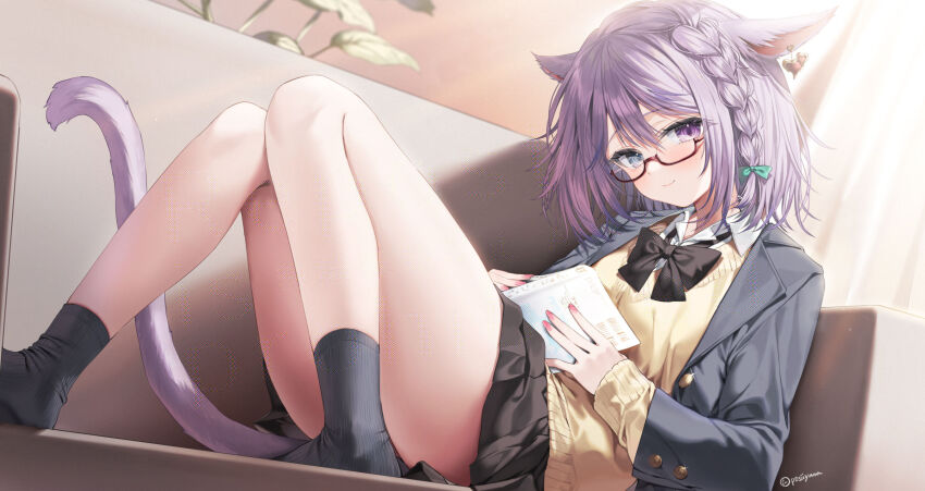 1girl animal_ears black_bow black_bowtie black_socks bow bowtie braid closed_mouth collared_shirt couch earrings final_fantasy final_fantasy_xiv glasses hair_bow heterochromia highres indoors jacket jewelry long_sleeves looking_at_viewer medium_hair miqo&#039;te on_couch open_clothes open_jacket purple_eyes purple_hair school_uniform shirt sitting skirt smile socks solo tail warrior_of_light_(ff14) yana_mori