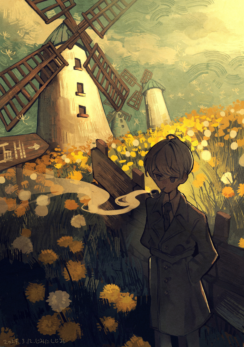 1boy absurdres ahoge arrow_(symbol) bright_pupils brown_coat brown_eyes brown_pants building cloud cloudy_sky coat collared_shirt commentary_request dandelion dandelion_seed dated dress_shirt field flower flower_field hands_in_pockets highres jimini_shijimi original pants pipe_in_mouth scenery shirt short_hair sign sky smoking smoking_pipe solo standing trench_coat white_flower white_hair white_pupils white_shirt windmill yellow_flower