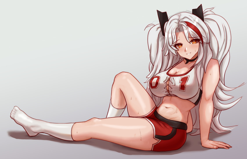1girl absurdres arm_support arms_behind_back azur_lane bare_shoulders breasts cleavage crop_top cross-laced_clothes cross-laced_top curly_hair from_side full_body grin highres knee_up large_breasts long_hair looking_at_viewer midriff multicolored_hair navel orange_eyes prinz_eugen_(azur_lane) prinz_eugen_(brilliant_touchdown)_(azur_lane) red_hair red_shorts short_shorts shorts smile solo starving_for_more stomach streaked_hair thighs two-tone_hair very_long_hair white_hair