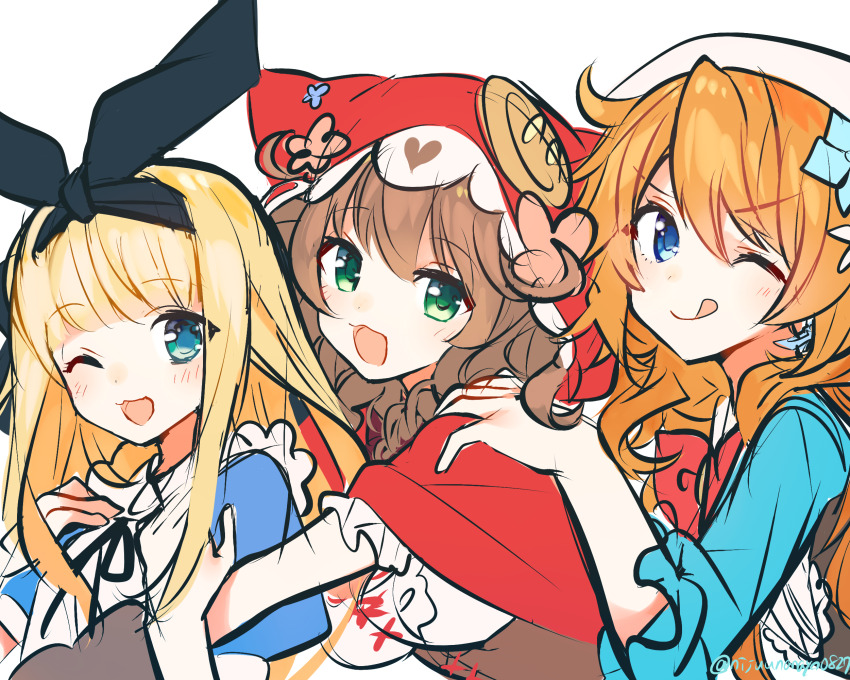 3girls ;d animal_hands black_hairband black_ribbon blonde_hair blue_dress blue_eyes blue_flower blue_jacket blush bow braid breasts brown_gloves brown_hair capelet cleavage dress flower gloves green_eyes hair_between_eyes hair_flower hair_ornament hair_ribbon hairband hat highres hood hood_up hooded_capelet jacket large_breasts long_hair low_twintails mononobe_alice mononobe_alice_(1st_costume) multiple_girls nijisanji ninahachi one_eye_closed open_mouth orange_hair otogibara_era paw_gloves puffy_short_sleeves puffy_sleeves red_bow red_capelet ribbon short_sleeves simple_background smile twin_braids twintails twitter_username upper_body v-shaped_eyebrows very_long_hair virtual_youtuber warabeda_meiji warabeda_meiji_(1st_costume) white_background white_flower white_hat