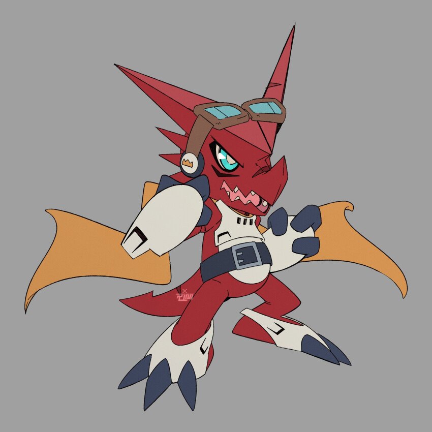 belt beta_digimon blue_eyes digimon digimon_(creature) goggles goggles_on_head highres scarf sharp_teeth shoutmon_king_ver. solo teeth