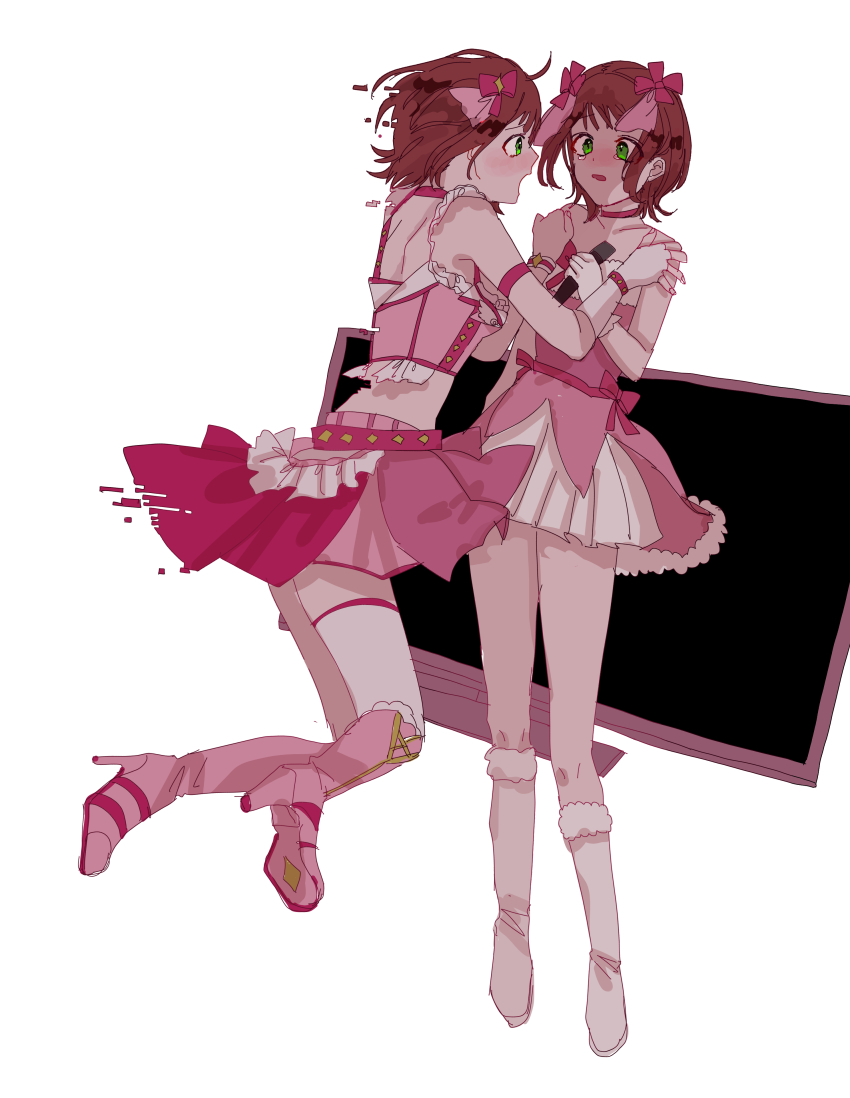 2girls absurdres amami_haruka bare_shoulders blush boots bow brown_hair choker collarbone cute_&amp;_girly_(idolmaster) digital_dissolve dress dual_persona flat_screen_tv floating full_body fur-trimmed_boots fur_trim gloves green_eyes hair_bow hands_on_another&#039;s_arms high_heel_boots high_heels highres idolmaster idolmaster_(classic) idolmaster_1 multiple_girls okada_(aidoru_h_sh) open_mouth pink_boots pink_bow pink_choker pink_dress pink_skirt short_hair shoulder_blades simple_background skirt sleeveless sleeveless_dress snow_strawberry_(idolmaster) tears television white_background white_boots white_gloves