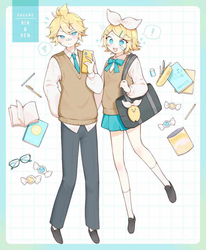 ! +_+ 1boy 1girl absurdres alternate_costume bag bag_charm bag_of_chips bandaid bandaid_on_cheek bandaid_on_face bandaid_on_nose black_pants black_shoes blonde_hair blue_eyes blue_necktie blue_skirt blush bow candy cellphone character_name charm_(object) collared_shirt commentary eraser flying_sweatdrops food full_body grid_background hair_bow hair_ornament hairpin highres holding holding_phone iphone kagamine_len kagamine_rin loafers long_sleeves miniskirt mr_(1937mrtary) multiple_hairpins necktie notebook open_mouth pants pen pencil pencil_case phone pleated_skirt ponytail puffy_long_sleeves puffy_sleeves school_bag school_uniform shirt shoes short_hair short_ponytail skirt small_sweatdrop smartphone socks sparkle spoken_exclamation_mark spoken_squiggle squiggle sweater_vest typo unworn_eyewear vocaloid white_bow white_shirt white_socks wide-eyed wrapped_candy