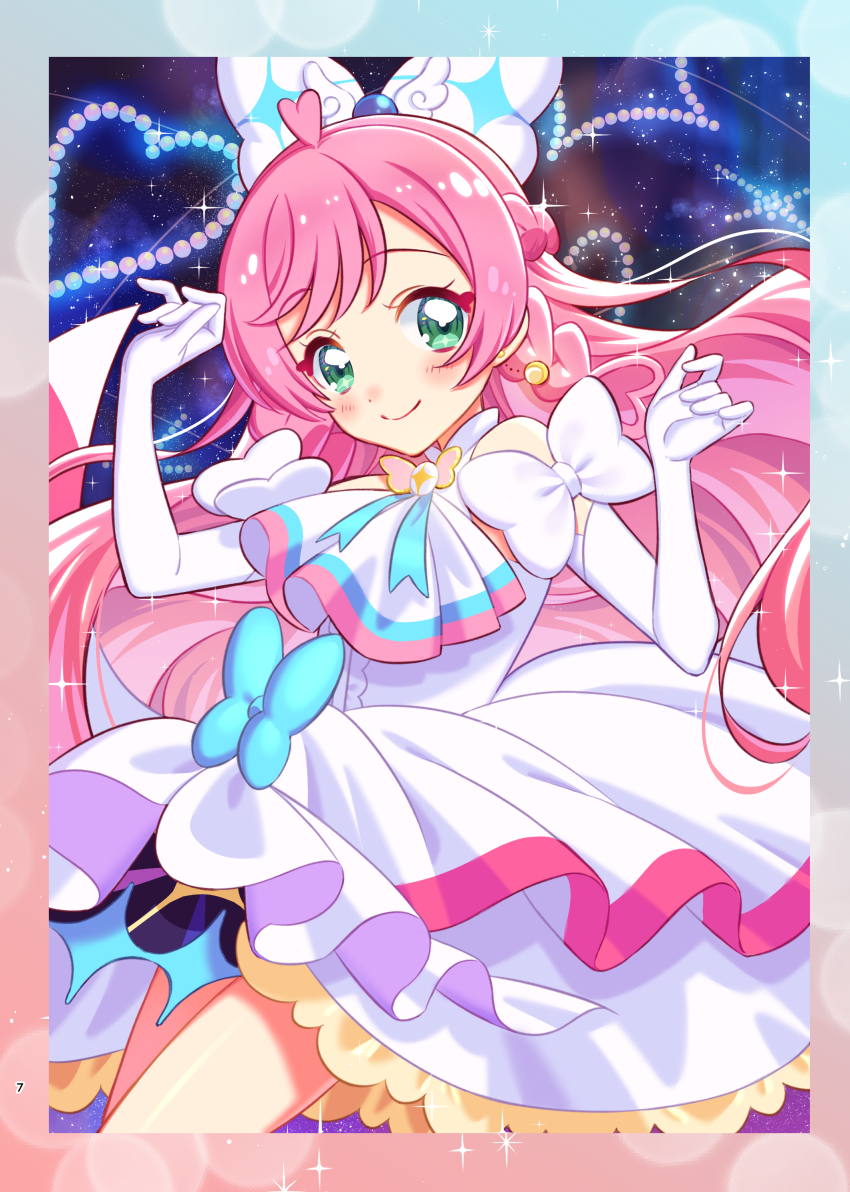 1girl absurdres ascot blue_bow bow braid brooch bun_(jewd5385) center_frills closed_mouth commentary_request cowboy_shot crown_braid cure_prism dress dress_bow earrings elbow_gloves frills glove_bow gloves green_eyes hair_bow highres hirogaru_sky!_precure jewelry layered_dress long_hair looking_at_viewer magical_girl medium_dress nijigaoka_mashiro pink_hair precure side_braids sleeveless sleeveless_dress smile solo sparkle standing very_long_hair w_arms white_ascot white_bow white_dress white_gloves wing_brooch