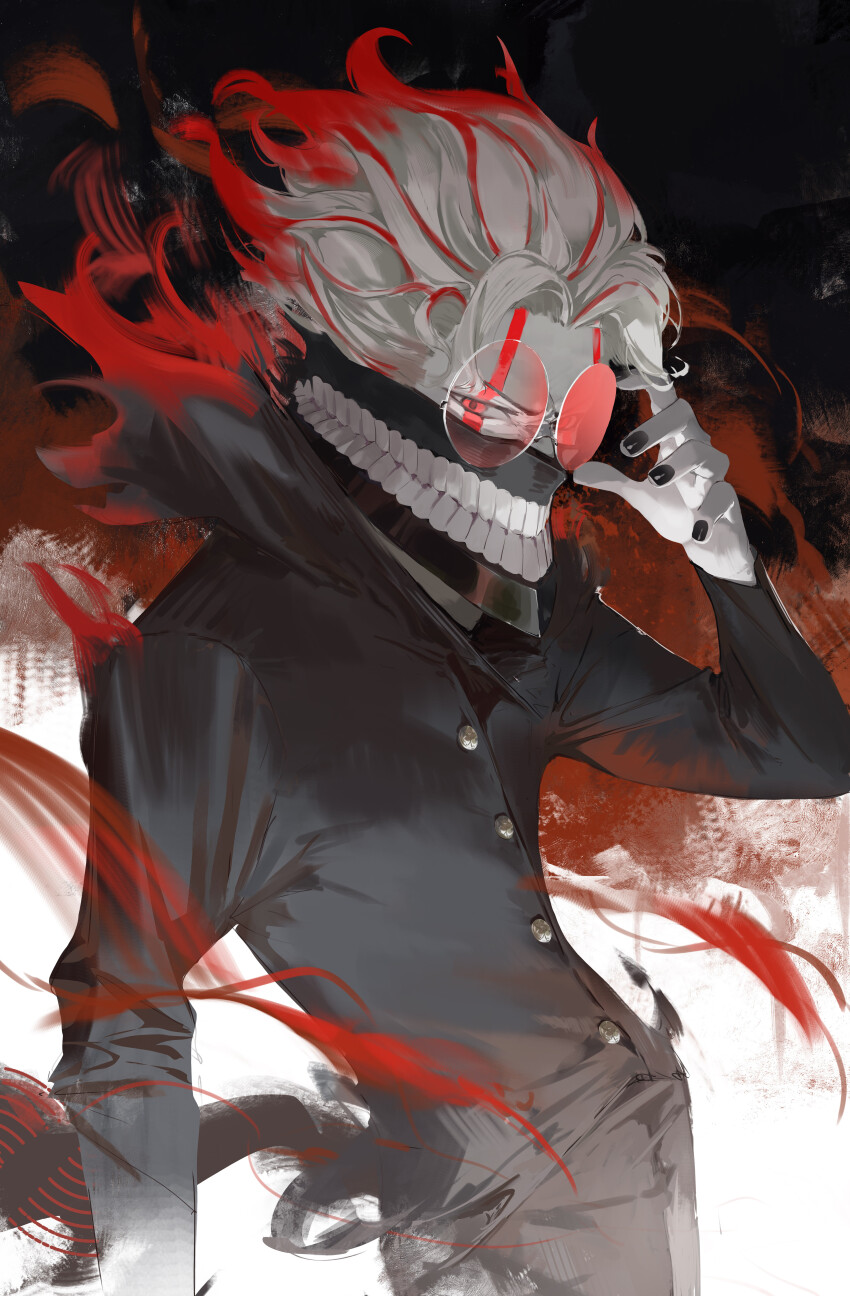 1boy absurdres adjusting_eyewear black_nails cowboy_shot dandadan darr1o facial_mark gakuran highres kami_high_school_uniform looking_at_viewer mask mouth_mask multicolored_hair red_eyes school_uniform solo streaked_hair takakura_ken_(transformed)_(dandadan) transformation white_hair