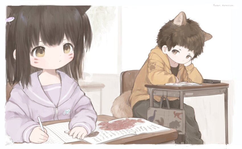 1boy 1girl :/ animal_ears book borrowed_character brown_eyes brown_hair brown_tail candy_print cat_ears chair child classroom closed_mouth commentary_request desk drawstring facial_mark fish_hair_ornament food_print hair_ornament hand_on_own_cheek hand_on_own_face head_rest highres holding holding_pencil hood hood_down hooded_jacket ic_(iccccccccc81) indoors jacket long_sleeves looking_at_another medium_hair notebook one_side_up open_book open_clothes open_jacket original paw_print paw_print_pattern pencil print_jacket purple_jacket purple_sailor_collar sailor_collar school_chair school_desk shipi-chan short_hair sitting tail v-shaped_eyebrows whisker_markings writing yellow_eyes yellow_jacket zipper zipper_pull_tab