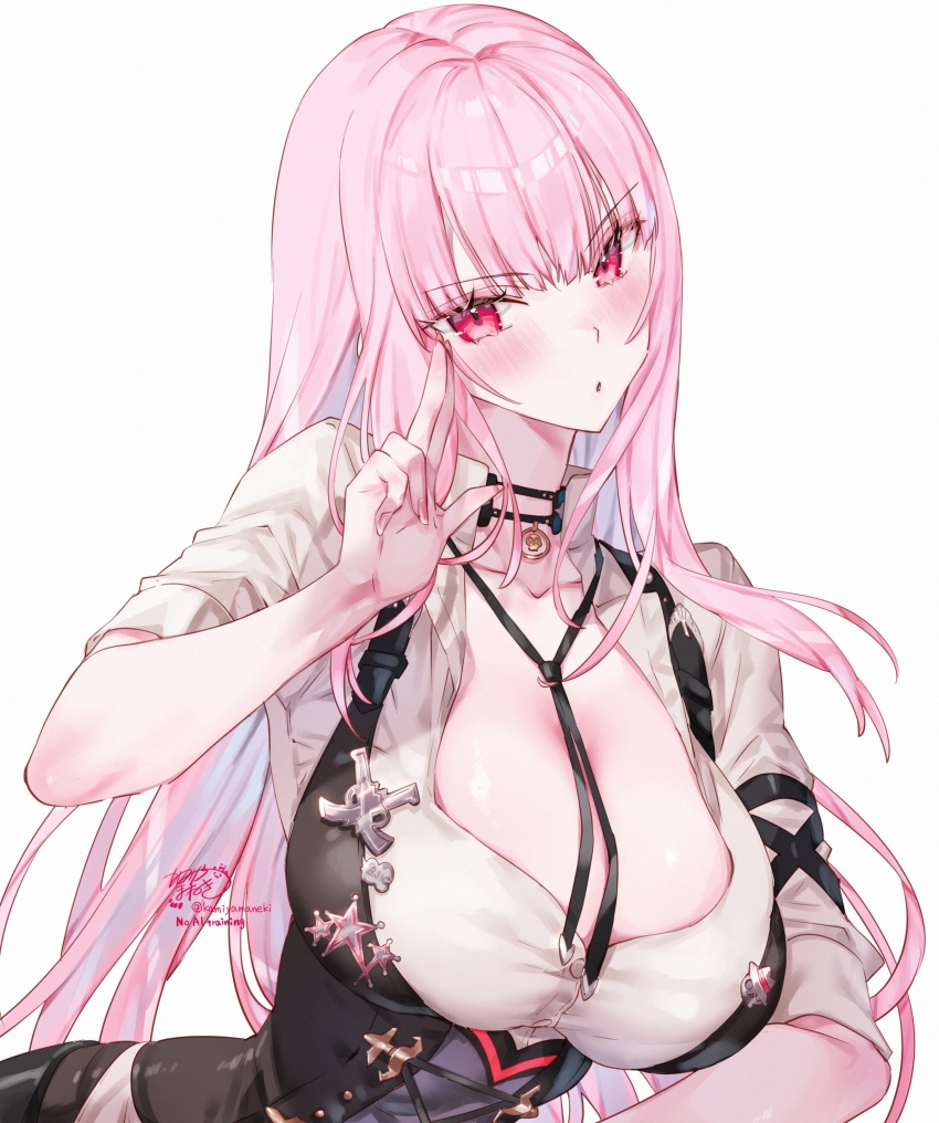 1girl absurdres artist_name blush breasts collarbone commentary_request highres hololive hololive_english index_finger_raised kamiya_maneki large_breasts long_hair looking_at_viewer mori_calliope pink_eyes pink_hair shirt short_sleeves signature simple_background solo star_ornament twitter_username virtual_youtuber white_background white_shirt
