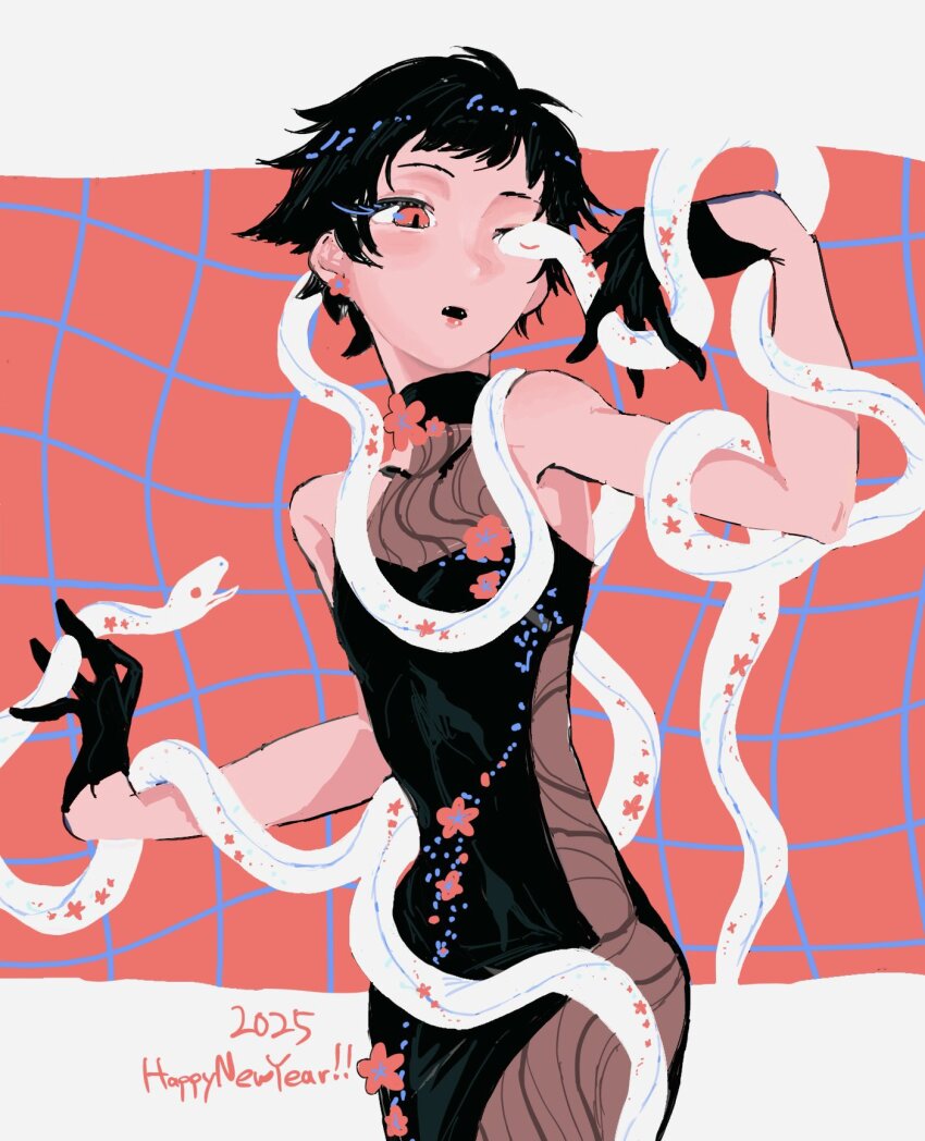 2025 animal bare_shoulders black_dress black_gloves black_hair character_request chinese_zodiac copyright_request dress gloves happy_new_year highres mikannotsubu new_year parted_lips red_eyes see-through_clothes short_hair sleeveless sleeveless_dress snake white_snake year_of_the_snake