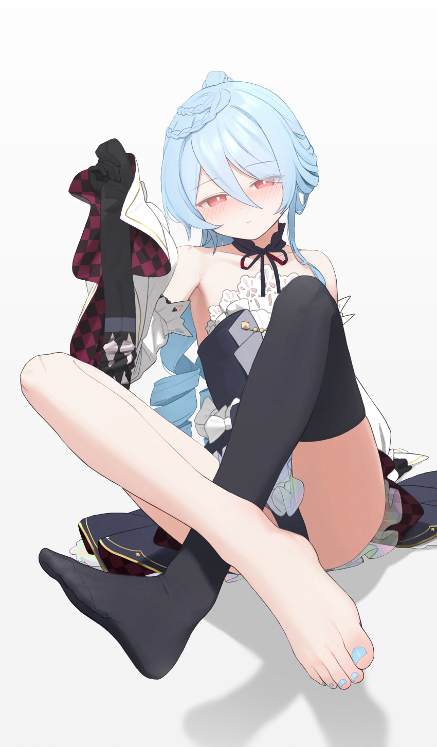 1girl absurdres barefoot black_thighhighs blue_hair blush feet highres kabanoki long_hair looking_at_viewer red_eyes socks thighhighs toes unworn_socks