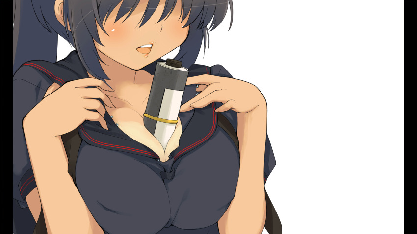 1girl absurdres between_breasts black_hair black_sailor_collar black_shirt breasts cleavage dark-skinned_female dark_skin eyes_out_of_frame head_out_of_frame highres homura_(senran_kagura) large_breasts non-web_source official_art open_mouth pillarboxed ponytail sailor_collar scroll senran_kagura senran_kagura_burst sexually_suggestive shirt sidelocks solo tan tanline white_background yaegashi_nan