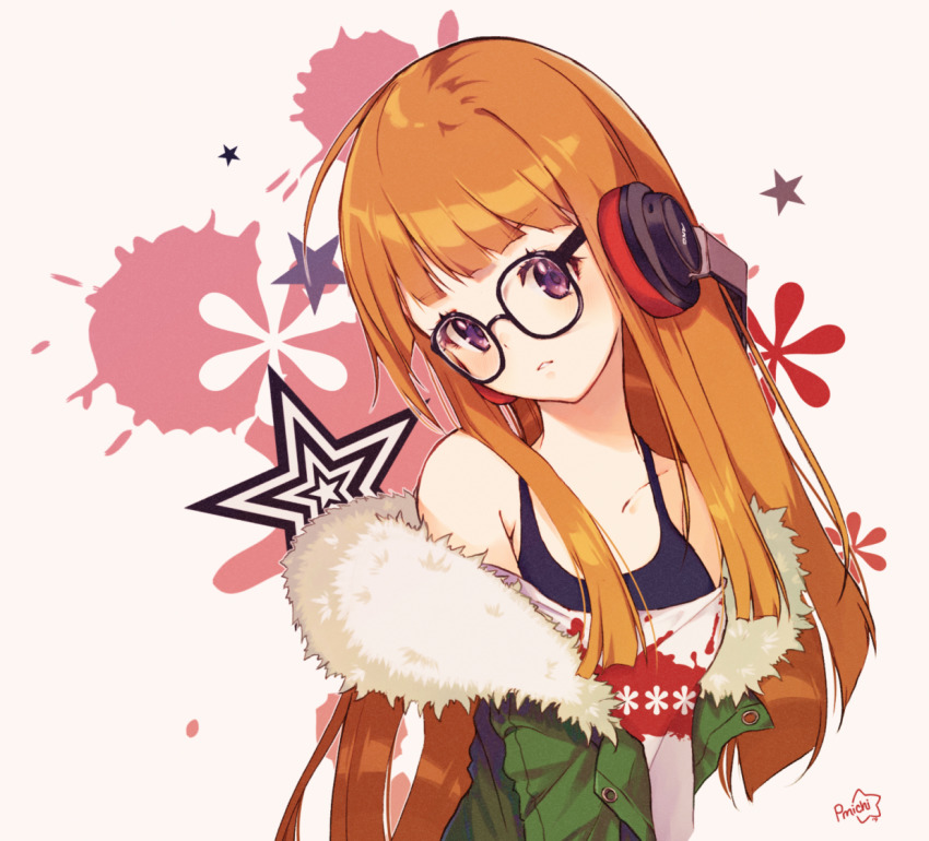 1girl asagawa_mikan_(peachy_michi) black-framed_eyewear blunt_bangs brown_hair cropped_torso female_focus fur_trim glasses green_jacket head_tilt headphones jacket looking_at_viewer persona persona_5 purple_eyes sakura_futaba signature solo white_background