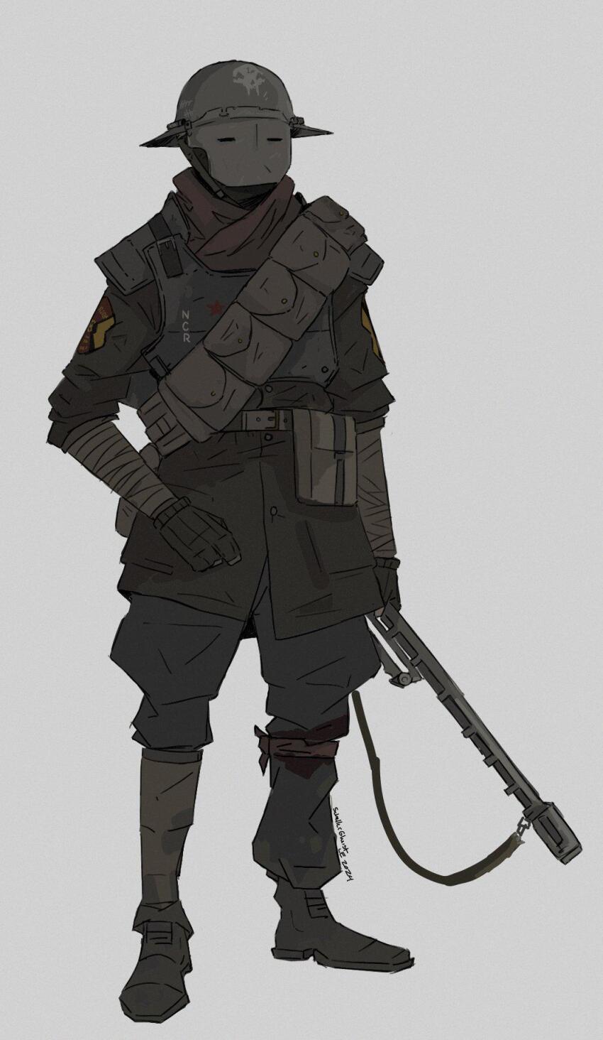 ambiguous_gender ammunition_pouch arm_wrap artist_name bandolier belt belt_pouch black_gloves boots bulletproof_vest commentary dated english_commentary faceplate fallout:_new_vegas fallout gloves grey_background grilled--cheese gun helmet highres ncr_first_recon_soldier ncr_trooper new_california_republic pouch rifle scarf schellergheist signature simple_background sniper_rifle solo tally weapon