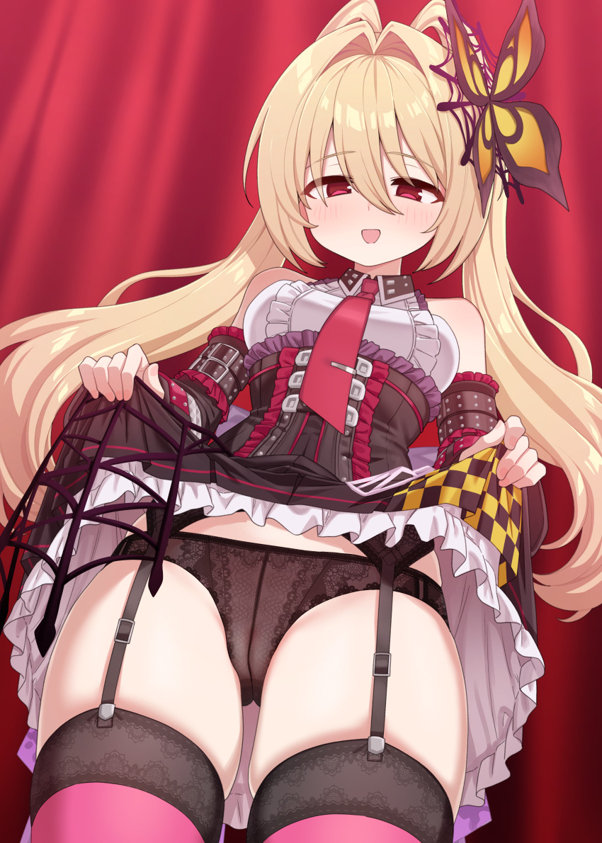 1girl absurdres bare_shoulders black_dress black_panties blonde_hair breasts butterfly_hair_ornament clothes_lift commission dress emil_chronicle_online frilled_dress frills garter_straps hair_ornament highres medium_breasts necktie panties pixiv_commission purple_thighhighs raised_inner_eyebrows red_eyes red_necktie shisum skirt skirt_lift spider_web_hair_ornament split_ponytail striped_clothes striped_thighhighs tarantula_alma thighhighs underwear