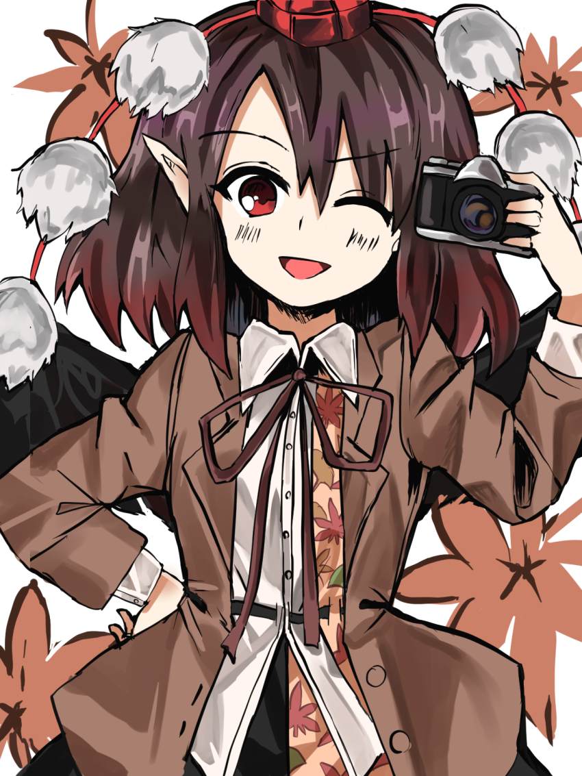1girl adapted_costume autumn_leaves belt bird_wings black_belt black_skirt black_wings blush breasts brown_hair brown_jacket brown_ribbon camera collared_shirt feathered_wings hand_on_own_hip happy hat highres holding holding_camera jacket leaf leaf_print long_sleeves looking_at_viewer maple_leaf one_eye_closed open_clothes open_jacket open_mouth pointy_ears pom_pom_(clothes) red_eyes red_headwear ribbon shameimaru_aya shirt short_hair simple_background skirt small_breasts sutaku77224 tengu tokin_hat touhou upper_body white_background white_shirt wings