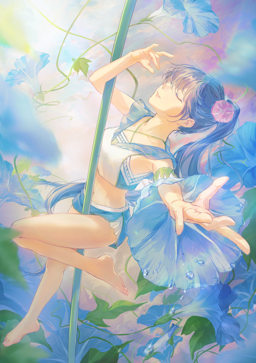1girl absurdres barefoot breasts closed_eyes flower foreshortening hair_flower hair_ornament halterneck hand_up highres lipstick makeup meiyo midriff morning_glory navel original pole_dancing ponytail short_shorts shorts small_breasts